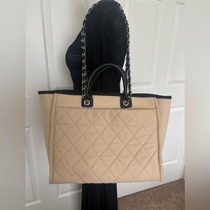 Aqua Quilted Beige Tote Bag with Black Accents